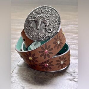 Catchfly Western Belt,Antique silver tone,Unicorn buckle,floral,rhinestones